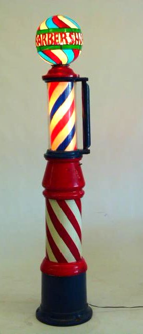 ROTATING BARBER POLE W/ PAINTED CAST IRON BASE (1 of 8)