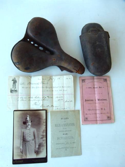 BIG WHEEL BICYCLE SEAT, LEATHER TOOL BOX, ETC. (1 of 10)