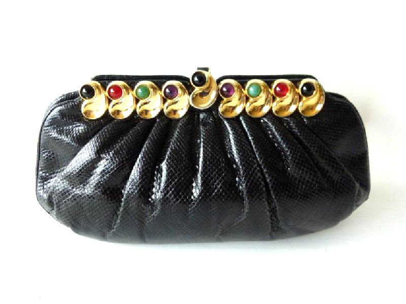 JUDITH LEIBER BLACK KARUNG PURSE W/ MULTI COLOR: JUDITH LEIBER BLACK KARUNG PURSE W/ MULTI COLOR BAR 5 1/2" X 10 1/2"