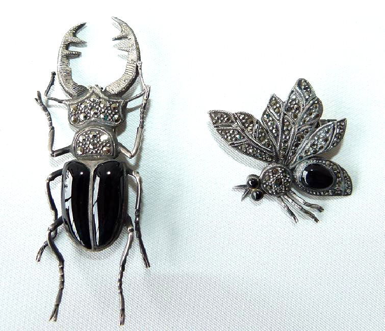 LARGE BUG (BLACK ONYX) PIN/STERLING MARCASITE PIN (1 of 8)
