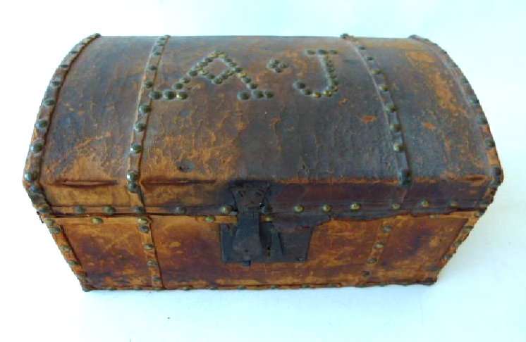 EARLY LEATHER BOUND DOCUMENT TRUNK, 18TH C. (1 of 7)