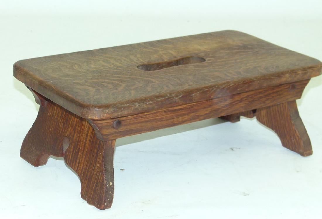 LIMBERTS FOOT STOOL SIGNED W/ BRAND MARK: LIMBERTS FOOT STOOL SIGNED W/ BRAND MARK, C. 1910/20 H. 6 1/2" W. 18"