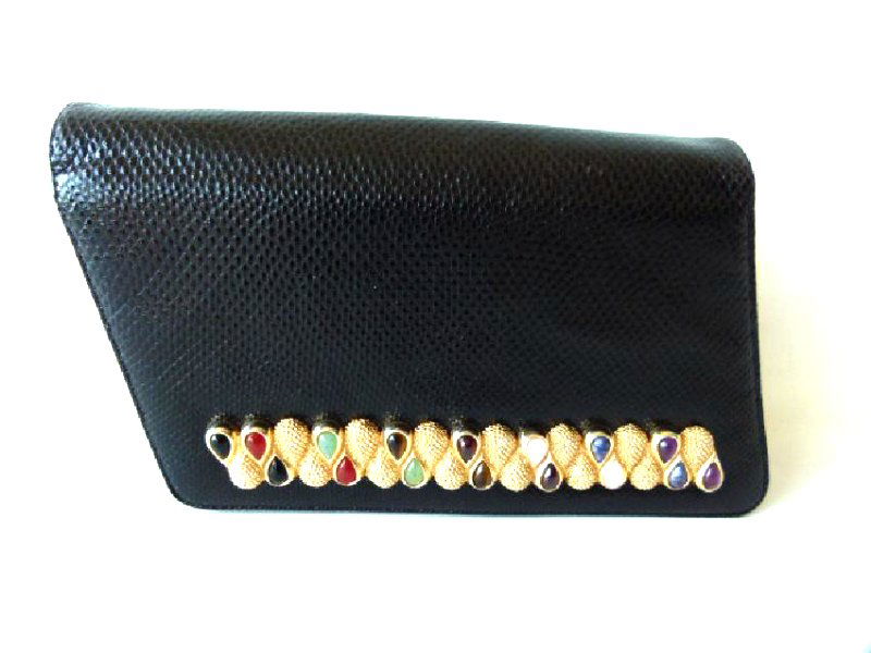 JUDITH LEIBER BLACK KARUNG W/ GOLD BAR CLASP PURSE: JUDITH LEIBER BLACK KARUNG W/ GOLD BAR CLASP PURSE 5" X 8"
