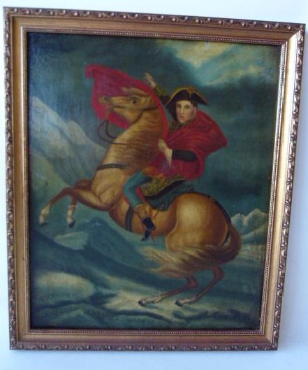 O/B FOLK PAINTING NAPOLEON BONAPARTE ON HORSEBACK: O/B FOLK PAINTING NAPOLEON BONAPARTE ON HORSEBACK, C. 1830 H. 17" W. 14" (AFTER JACQUES-LOUIS DAVID W/VOLUME HISTORY OF FRANCE 1839)