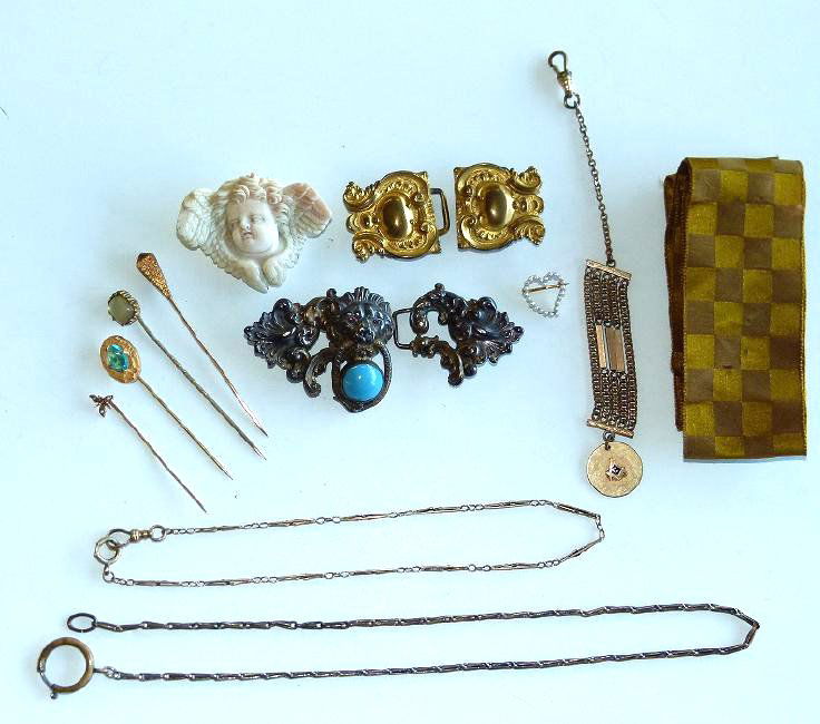 LOT VICTORIAN BUCKLES, PINS, BROACH & WATCH FOBS (1 of 10)
