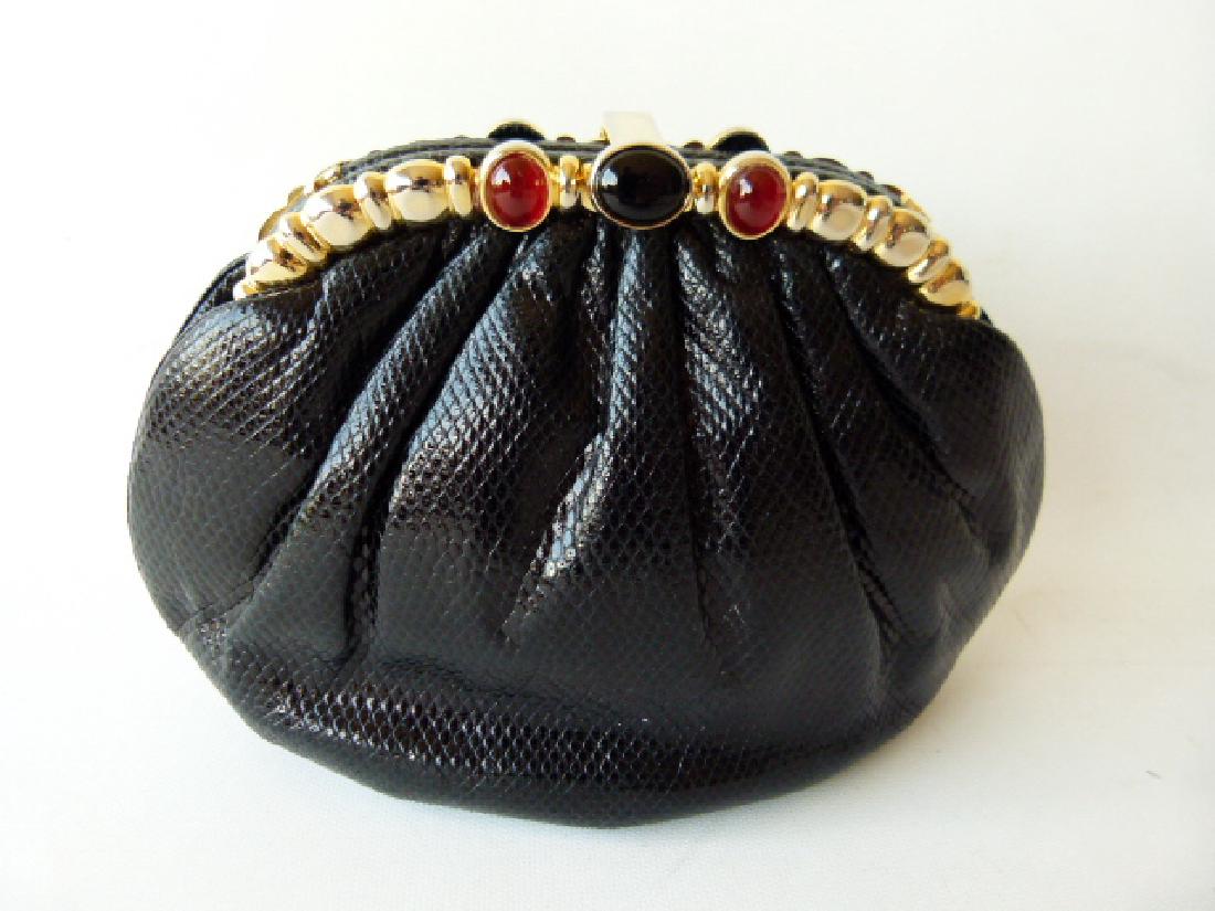 JUDITH LEIBER BLACK KARUNG PURSE: JUDITH LEIBER BLACK KARUNG W/ ROUNDED TOP GOLD FRAME W/ STONES PURSE 6" X 9"
