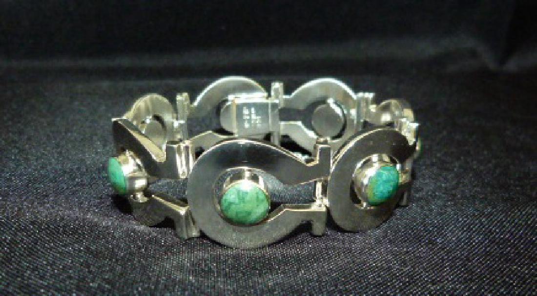 MEXICAN STERLING BRACELET W/GREEN  CABOCHONS (1 of 5)