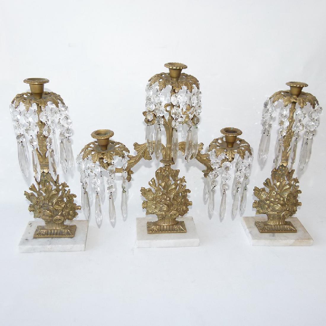 SET (3) VICTORIAN BRASS/CRYSTAL GIRANDOLE SET (1 of 3)