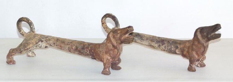 PAIR EARLY CAST IRON FIRE DOG ANDIRONS, 19TH C.: PAIR EARLY CAST IRON FIRE DOG ANDIRONS, 19TH C. L. 22"