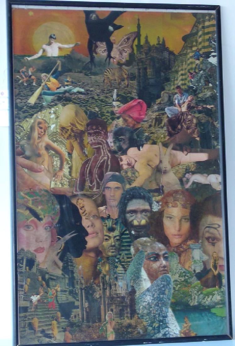 MID-CENTURY MODERN COLLAGE SIGNED HENRI LEWIS 20TH C.: MID-CENTURY MODERN COLLAGE SIGNED HENRI LEWIS 20TH C. 45" X 29"