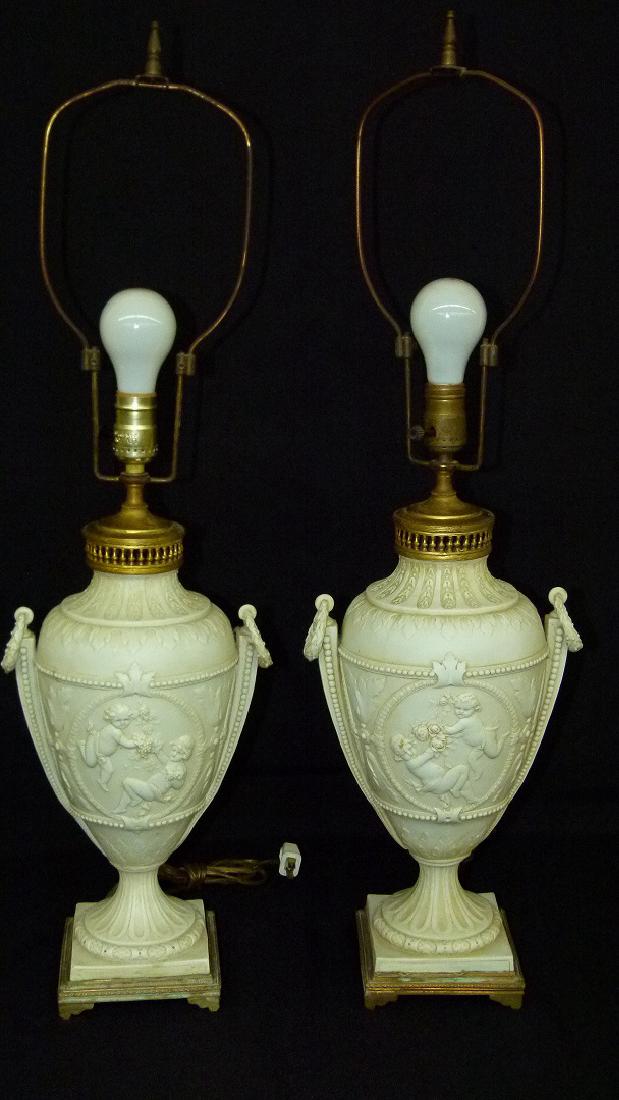 PAIR FRENCH PARIAN/PORCELAIN CLASSICAL URNS MOUNTED AS: PAIR FRENCH PARIAN/PORCELAIN CLASSICAL URNS MOUNTED AS LAMPS, C. 1880 H. VASE 14"; TOTAL 30"