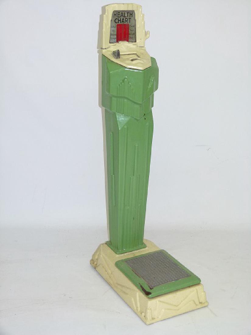 ART DECO ENAMELED CAST IRON PENNY SCALE C. 1920/30: ART DECO ENAMELED CAST IRON PENNY SCALE C. 1920/30 H. 53"