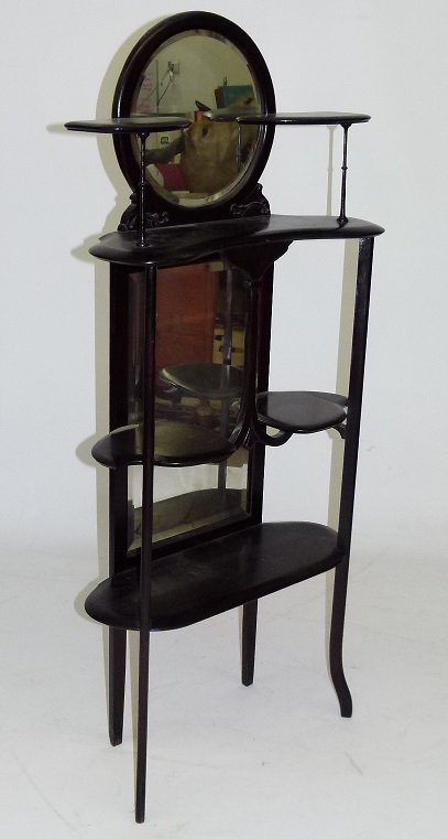 DECO WALNUT ETEGERE W/ MIRRORED BACK, C. 1900: DECO WALNUT ETEGERE W/ MIRRORED BACK, C. 1900, H. 60" W. 26"