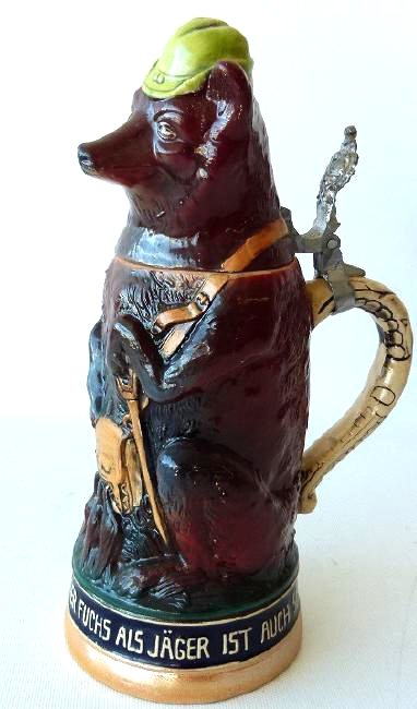 1/2 LITRE GERMAN CHARACTER STEIN "HUNTING WOLF" 19/20TH: 1/2 LITRE GERMAN CHARACTER STEIN "HUNTING WOLF" 19/20TH C. H. 10 1/2"