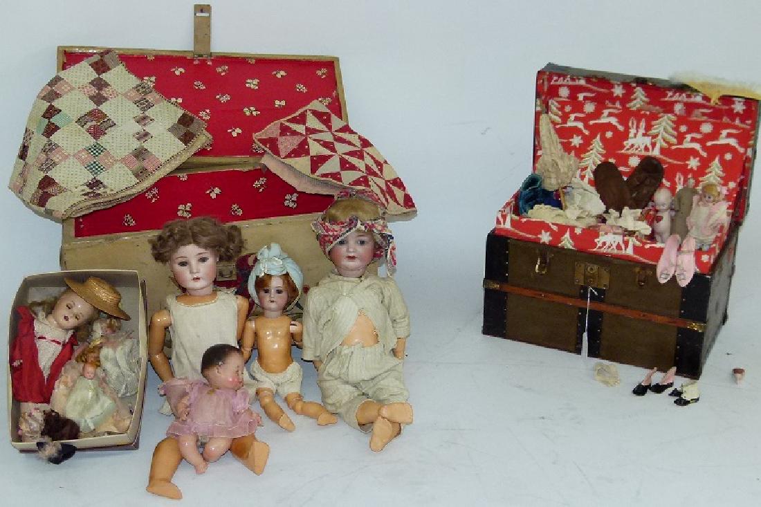 LG LOT ASST. GERMAN BISQUE DOLLS W/ ASST.: LARGE LOT ASSORTED GERMAN BISQUE DOLLS W/ ASSORTED CLOTHES/SHOES/BOX/QUILTS 13" X 25" Large Doll is marked G & S 24", Medium Doll is marked Simon & Halbig 23", Smaller Doll is marked K Starr R 13" Tru