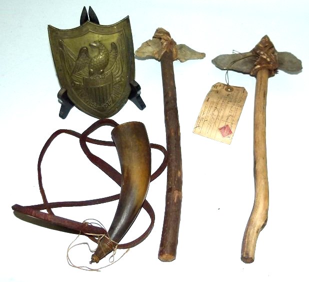 AMERICAN INDIAN HATCHETS/MILITARY HORN, BRASS EAGLE: AMERICAN INDIAN HATCHETS/MILITARY HORN, BRASS EAGLE SHAKO/HAT BADGE, C. 1820 (FOUND WARWICK NY W/TAG)