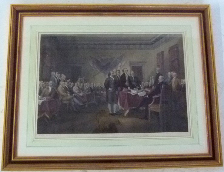 H/C STEEL ENGRAVING "THE DECLARATION OF INDEPENDENCE": H/C STEEL ENGRAVING "THE DECLARATION OF INDEPENDENCE" PAINTED BY JOHN TRUMBULL,ENGRAVED BY A.B. DURAND, C. 1830, SIGHT 21 1/2" X 31"