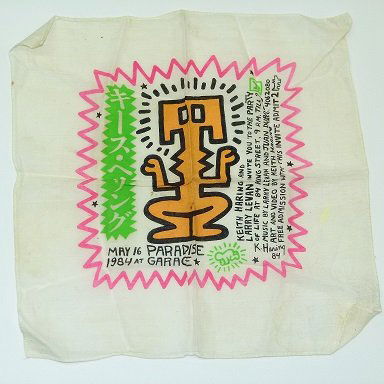 KEITH HARING PARTY INVITATION ON CLOTH HANKIE MAY 16,: KEITH HARING PARTY INVITGATION ON CLOTH HANKIE "PARADISE GARAGE" MAY 16, 1984, 15" X 15"