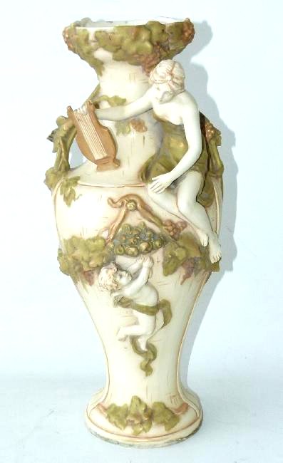 ROYAL DUX ART NOUVEAU VASE W/ FIGURES: ROYAL DUX ART NOUVEAU VASE W/ FIGURES, 19/20TH C. H. 17 1/2"