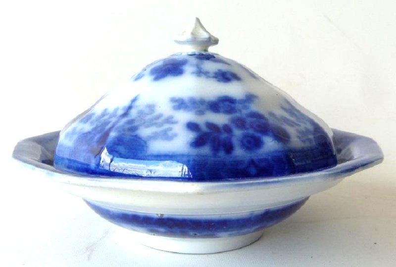 FLORAL  FLOW BLUE IRONSTONE COVERED BUTTER (1 of 9)