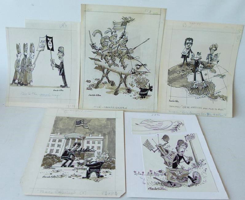 W/C GOUACHE POLITICAL CARTOONS SIGNED KELLER (1 of 14)