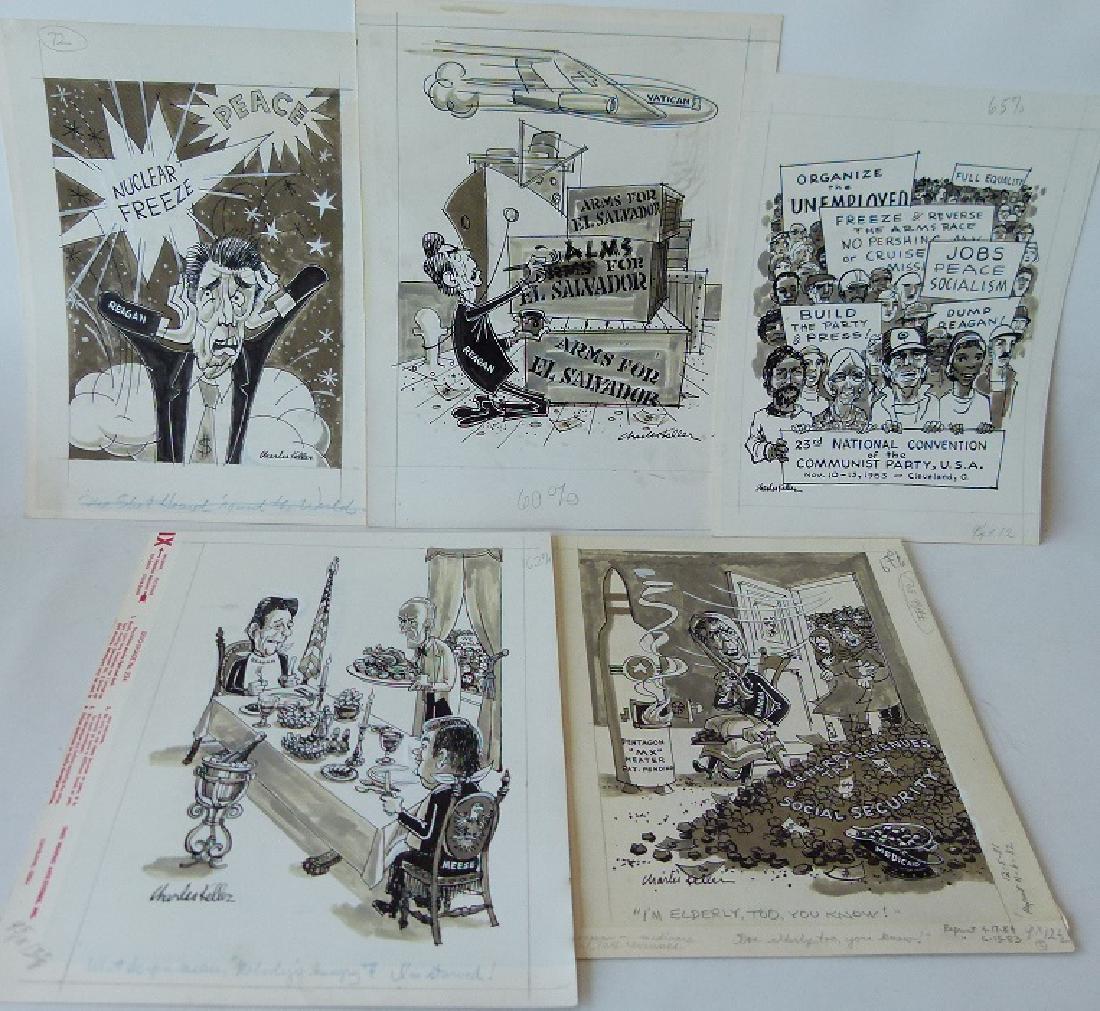 W/C GOUACHE POLITICAL CARTOONS SIGNED KELLER: LOT (5) W/C GOUACHE POLITICAL CARTOONS SIGNED CHARLES KELLER (1914-1978 AM.) C. 1980'S, APPROX. 16" X 12"