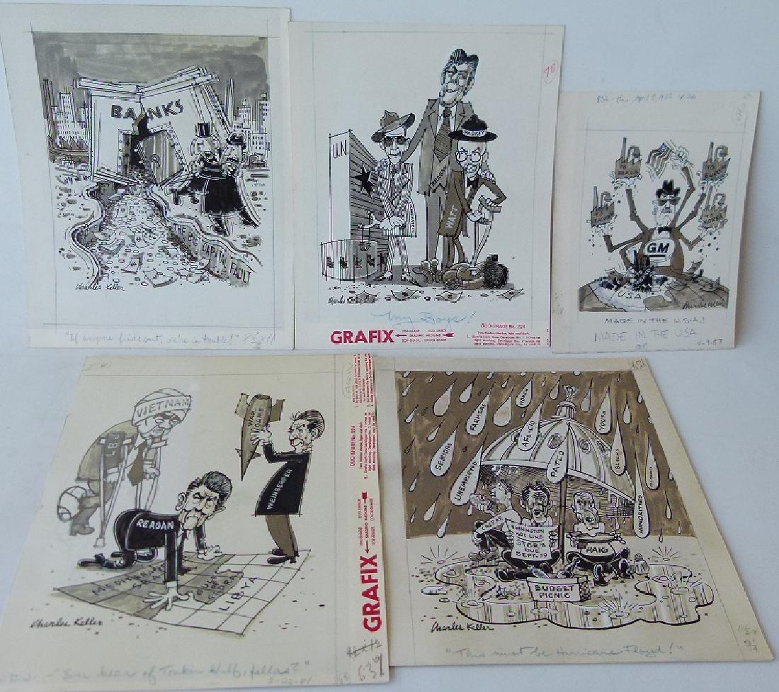 W/C GOUACHE POLITICAL CARTOONS SIGNED KELLER: LOT (5) W/C GOUACHE POLITICAL CARTOONS SIGNED CHARLES KELLER (1914-1978 AM.) C. 1980'S, APPROX. 16" X 12"