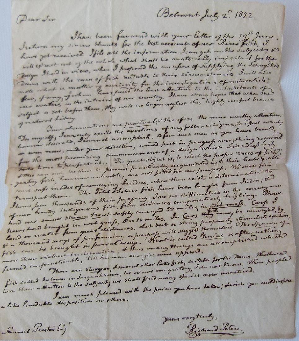 MANUSCRIPT LETTER TO SAMUEL PRESTON: MANUSCRIPT LETTER TO SAMUEL PRESTON FROM RICHARD PETERS (1744 - 1828) US FEDERAL JUDGE, COMMISSIONER TO THE REVOLUTIONARY BOARD OF WAR PA 1775-1781 REFERENCING A WAY TO PROTECT THE FISH IN OUR NEW COU