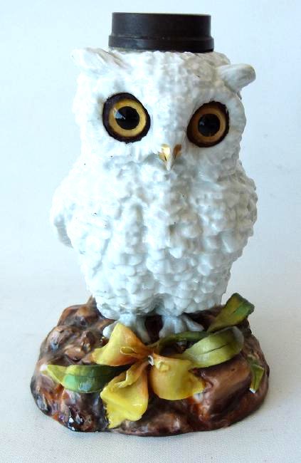 ENGLISH OWL FORM MINIATURE PORCELAIN OIL LAMP (1 of 14)