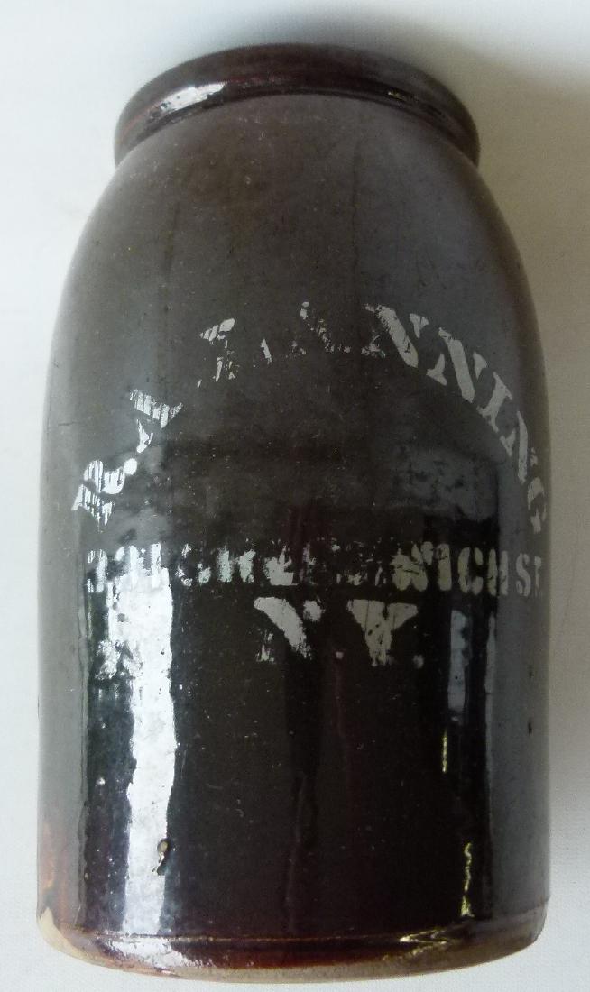 COUNTRY 2 QUART STONEWARE VENDORS CROCK: COUNTRY 2 QUART STONEWARE VENDORS CROCK, R.A. LANNING 331. GREENWICH ST., NY, 19TH C., H. 9"