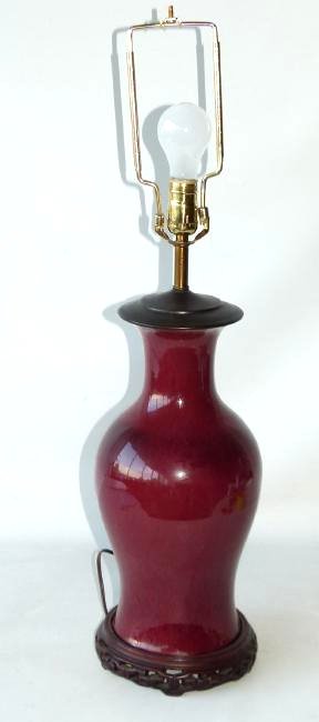CHINESE OX BLOOD PORCELAIN VASE (MOUNTED AS LAMP): CHINESE OX BLOOD PORCELAIN VASE (MOUNTED AS LAMP) H. 17"