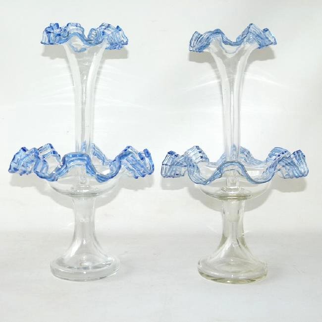 PAIR VENETIAN THREADED GLASS EPERGNES, C. 1920/30: PAIR VENETIAN THREADED GLASS EPERGNES, C. 1920/30 H. 16"