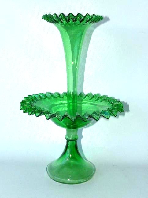 VICTORIAN GREEN ART GLASS EPERGNE 19TH C.: VICTORIAN EMERALD GREEN HAND BLOWN ART GLASS EPERGNE 19TH C. H. 16" D. 10"