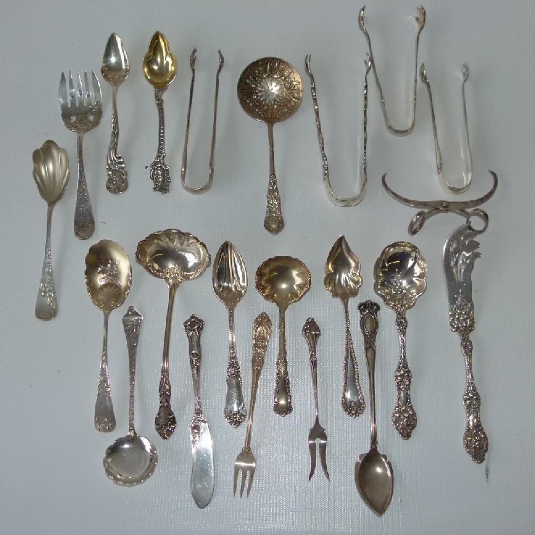 LOT ASSORTED STERLING SPOONS, TONGS, KNIVES (1 of 15)