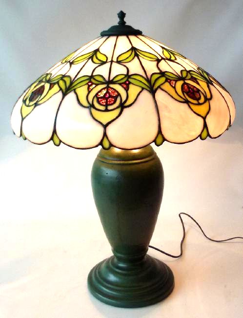 MOTTLED MATTE GREEN TABLE LAMP, J.H. STROBL, C. 1915 (1 of 13)