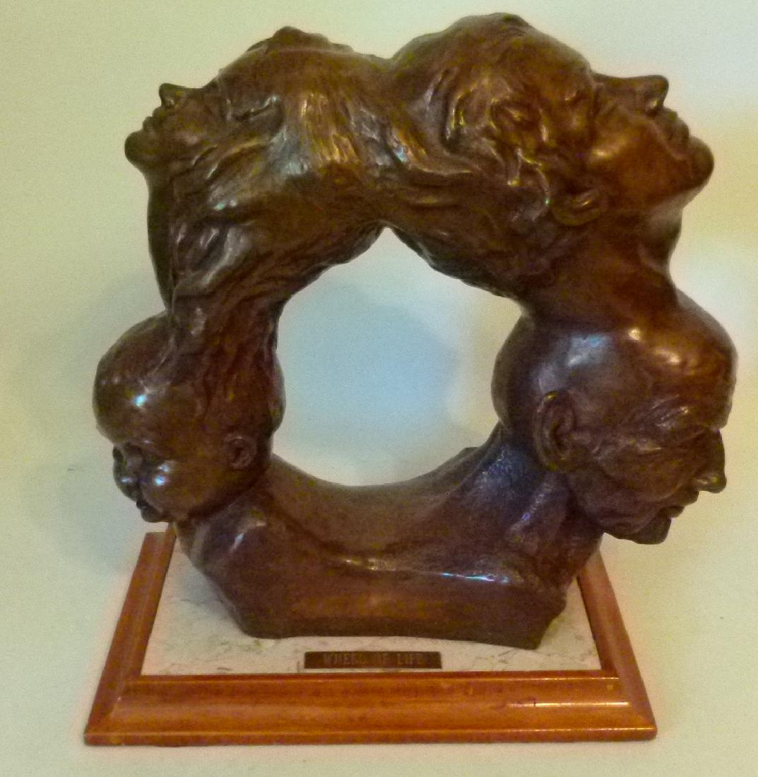 CONTEMPORARY BRONZE "WHEEL OF LIFE": CONTEMPORARY BRONZE "WHEEL OF LIFE" SIGNED SOS (IRENE ) H. 16" W. 15"