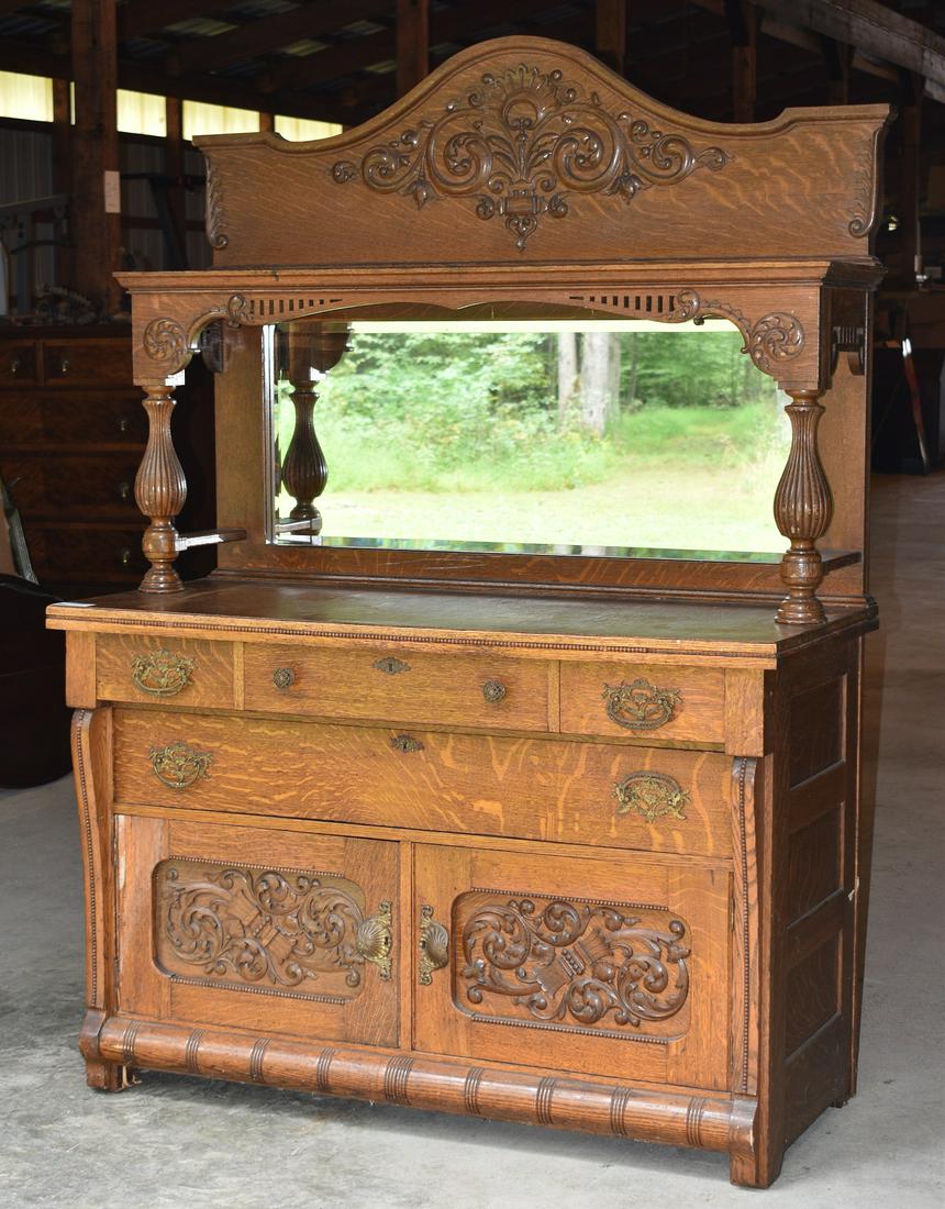 VICTORIAN OAK SIDEBOARD W/ MIRRORED BACK (1 of 10)