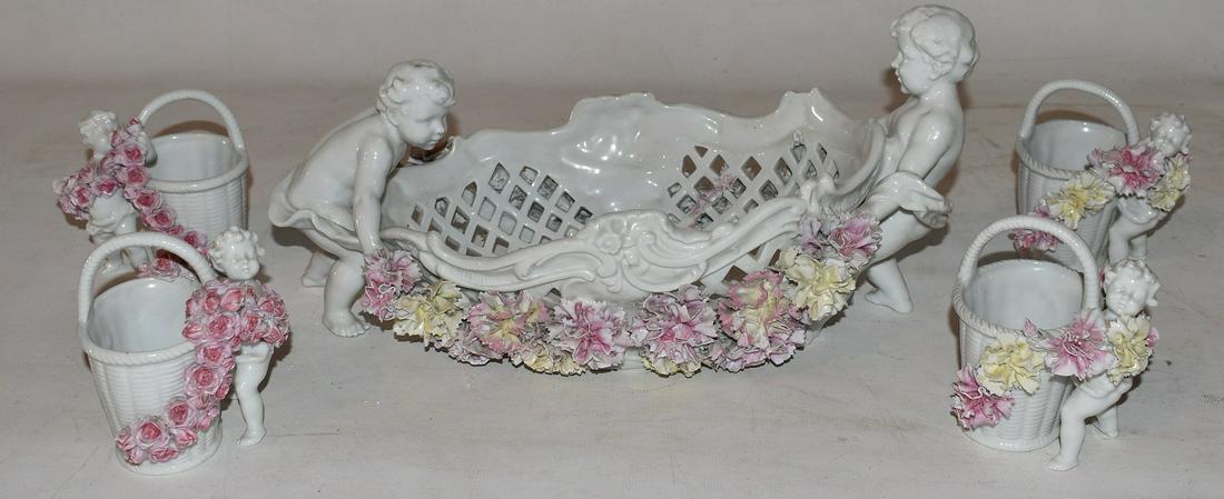 (5) VON SHIERHOLZ PORC. FIGURAL GARNITURE SET: LOT (5) VON SHIERHOLZ PORCELAIN FIGURAL GARNITURE CENTER BOWL & 4 BASKETS BOWL W. 15"