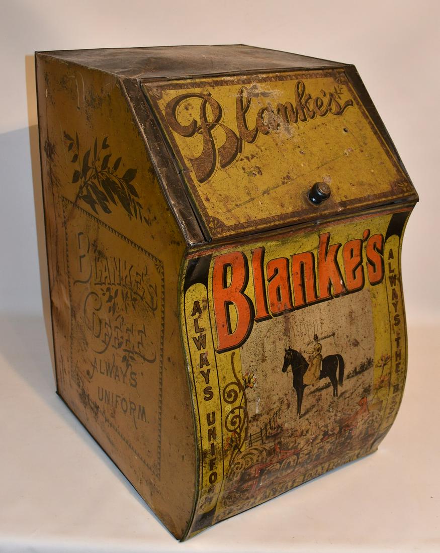 LARGE DECORATED/LITHO TIN COFFEE BIN, 19TH C. (1 of 9)