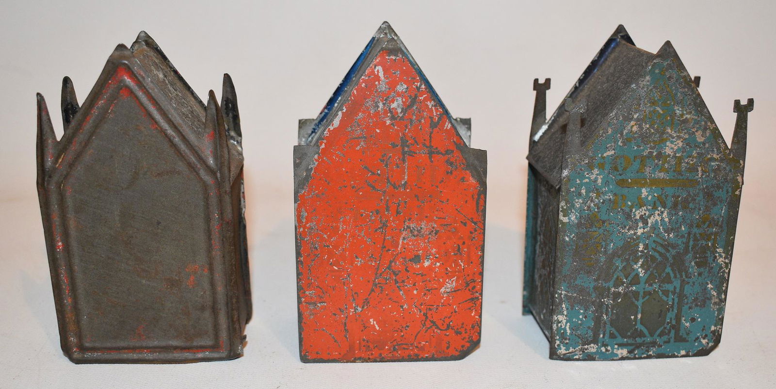 (3) EARLY PAINTED TIN STILL GOTHIC BUILDING BANKS (1 of 14)