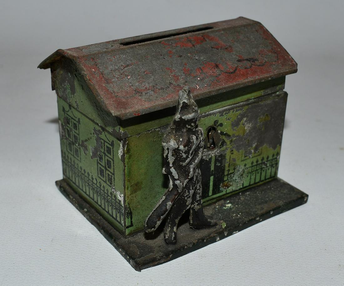 EARLY PAINTED TIN STILL BANK W/BASEBALL PLAYER (1 of 7)