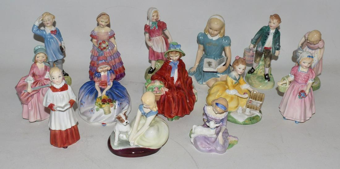 LOT (14) ROYAL DOULTON FIGURINES C.1960: LOT (14) ASSORTED ROYAL DOULTON FIGURINES INCL. PICNIC, MARY MARY, MONICA, GOLDEN DAYS, ALICE, ETC., C. 1940/60