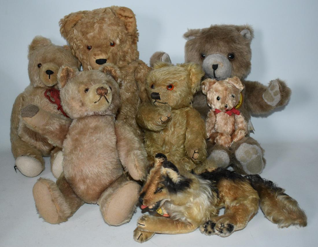 (7) VINTAGE TEDDY BEARS, INCL. STEIFF COLLIE, 20TH C.: LOT (7) ASSORTED VINTAGE TEDDY BEARS, INCL. STEIFF COLLIE, 20TH C.