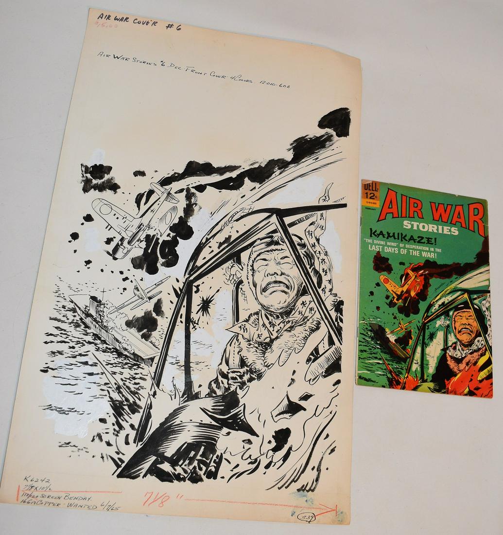 P/I COMIC COVER ILLUS. "AIR WAR STORIES" 1965: ORIGINAL P/I COMIC COVER ILLUS. "AIR WAR STORIES" UNSIGNED/ARTIST SAM J. GLANZMAN (SAMUEL JOSEPH 1924-2017), C. 1965, 23 1/2" X 14 1/2"; BEARS THE ESTATE STAMP RON WILBER (1954-2016, LIBERTY, NY) SIGN