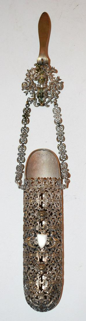 VICT. GERMAN SILVER/BRONZE CHATELAINE, 19TH C.: VICTORIAN GERMAN SILVER/BRONZE CHATELAINE, 19TH C. TOTAL HEIGHT 9 1/2"