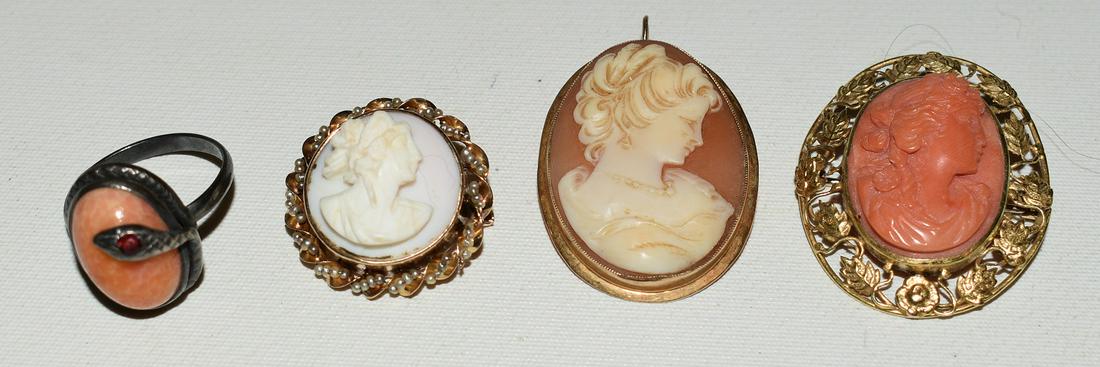 4 CAMEOS INCL. CORAL, SILVER SNAKE RING, 19/20TH C.: LOT (4) ASSORTED CAMEOS INCL. SHELL, CORAL, SILVER SNAKE RING, 19/20TH C.