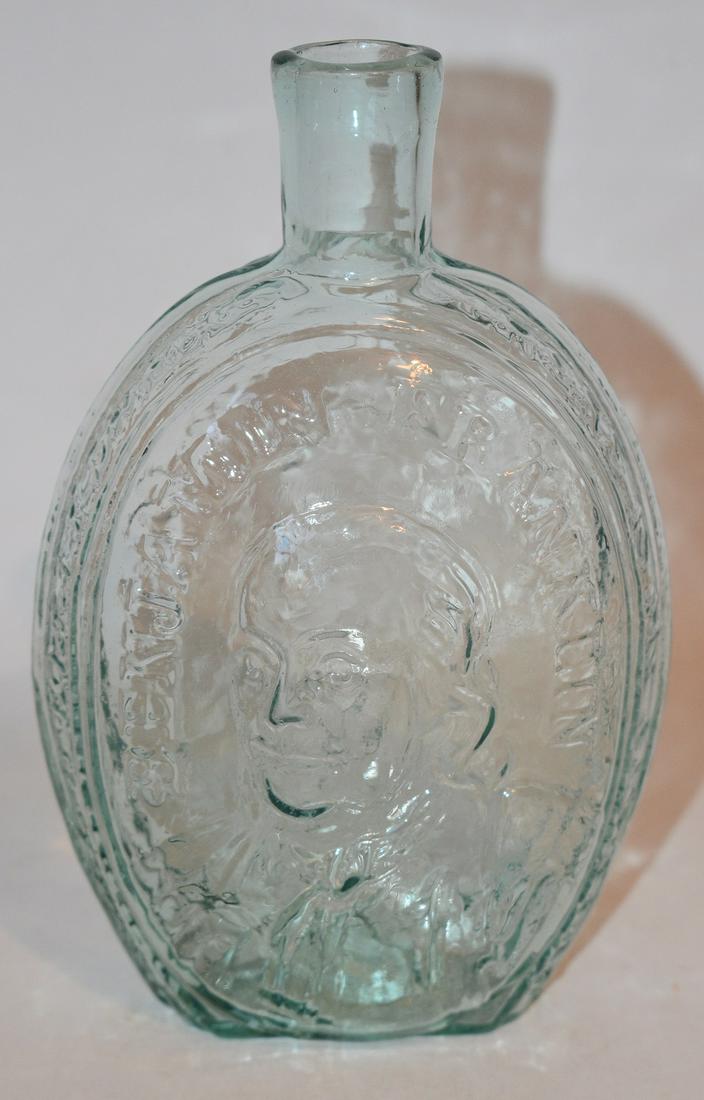 GLASS FLASK W/ DYOTT/ FRANKLIN, C. 1830/40: EARLY GLASS FLASK W/ T W DYOTT MD/BENJAMIN FRANKLIN, KENSINGTON GLASS WORKS, PHILA., C. 1830/40, H. 6 1/2"