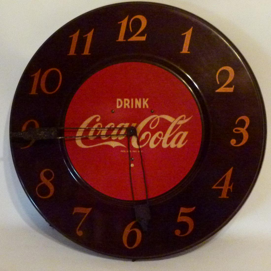 COCA COLA WALL CLOCK, C. 1950: COCA COLA WALL CLOCK, C. 1950, (NOT WORKING) D. 19"