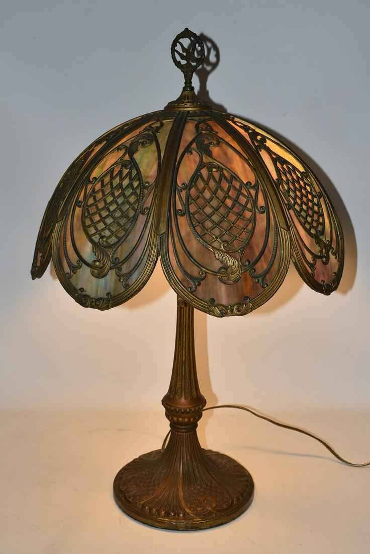 SLAG GLASS TABLE LAMP W FILIGREE SHADE Stained Glass Table Lamp