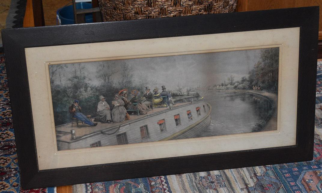 LITHO W/ GOUACH ERIE/D & H CANAL BOAT E.L. HENRY: LITHO W/ GOUACH ERIE/D & H CANAL BOAT SIGNED E.L. HENRY (EDWARD LAMSON 1841-1919 NY, SC) 19TH C. SIGHT 13 1/2" X 34 1/2"